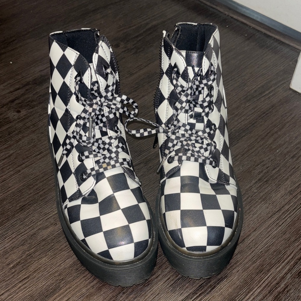 Checkerboard Platform Heeled Ankle Boots - Black & White